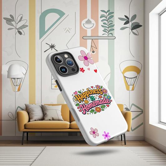 Groovy iPhone case featuring 'Happiness is Homemade' text with 1970s style flowers and hearts on a black background.