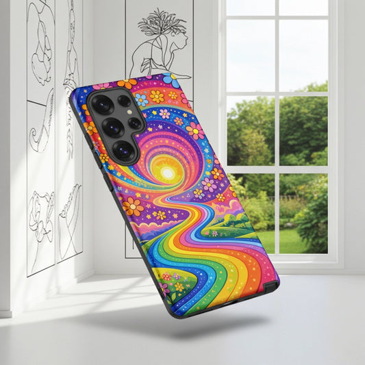 Psychedelic Samsung Galaxy case featuring a vibrant rainbow road winding through green hills with colorful flowers