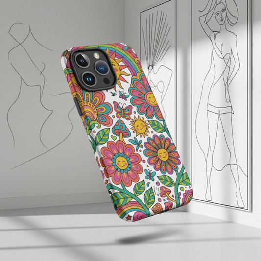 Retro 70s psychedelic style illustration with colorful smiling flowers, a happy sun, vibrant rainbows, and mushrooms.