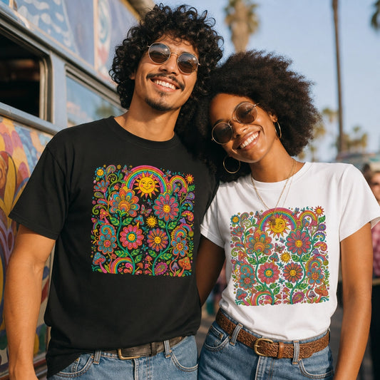 Retro 70s psychedelic style illustration with colorful smiling flowers, a happy sun, vibrant rainbows, and mushrooms.