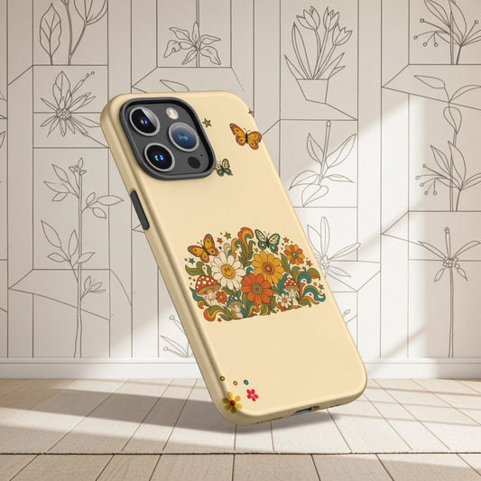 Retro 70s psychedelic flower artwork with smiley daisies, mushrooms, and butterflies.