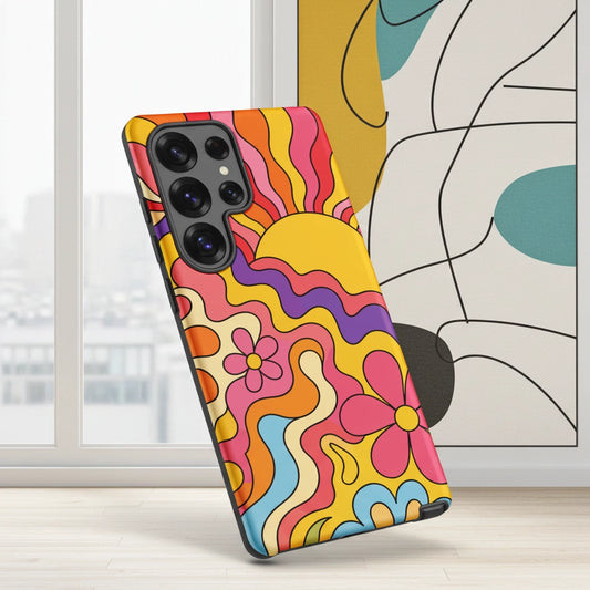 Vibrant 1970s psychedelic Samsung case featuring a wavy retro sunburst sunset surrounded by colorful groovy flowers.
