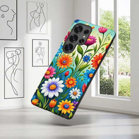 Vibrant retro flower power design featuring colorful daisies, blue, orange, and purple psychedelic boho garden artwork.