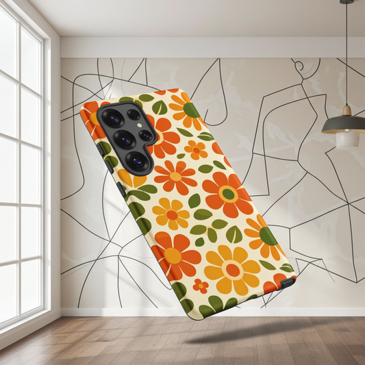 Groovy 1970s retro flower power pattern on a protective thermoplastic polyurethane TPU Samsung Galaxy case with orange daisies.