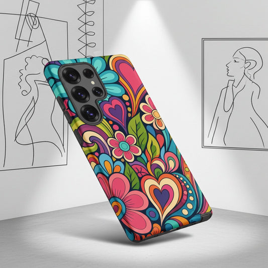 Vibrant 70s retro psychedelic pattern with colorful flowers and hearts printed on a TPU Samsung Galaxy case.