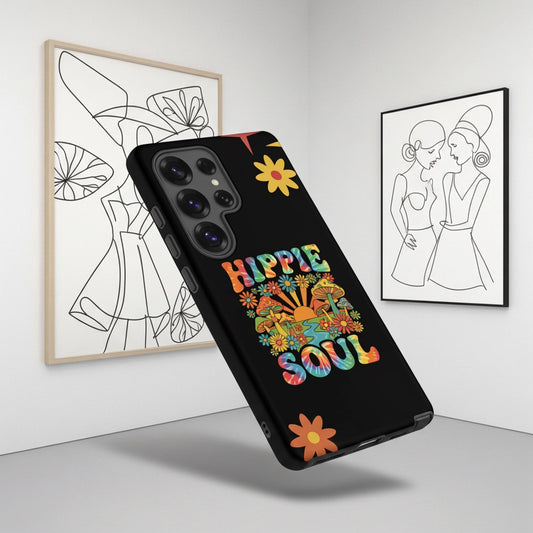 Retro Hippie Soul TPU Samsung Galaxy case featuring colorful mushrooms, daisies, sunburst, and tie-dye lettering.