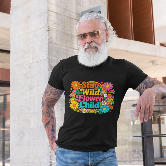 Retro Stay Wild Flower Child t-shirt design with colorful 70s psychedelic flowers and groovy yellow and blue lettering.