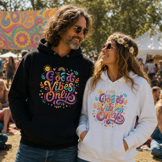 Retro hoodie featuring 'Good Vibes Only' groovy lettering, rainbow, and sun illustrations in a vibrant 70s art style.