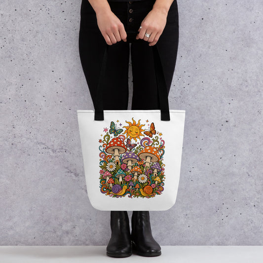 Colorful 70s retro polyester tote bag featuring psychedelic mushrooms, smiling snails, butterflies, and a sunny sky.