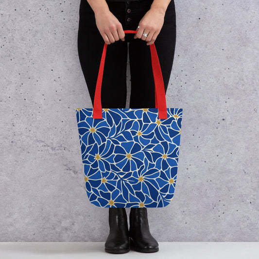 Mosaic pattern tote bag with vibrant blue flowers and gold star centers in a modern boho style by Far Out Goods