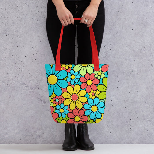 Vibrant 1960s style flower power pattern on a tote bag with blue, yellow, and green retro floral illustrations.