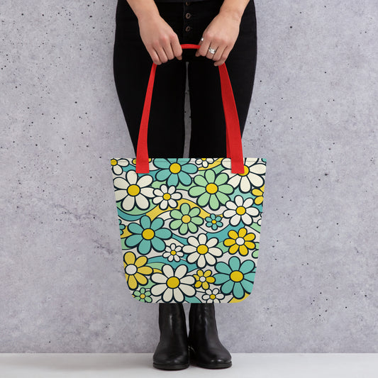 Reusable tote bag featuring a seamless 70s retro floral pattern with teal and yellow daisies and wavy lines.