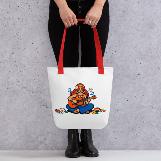 Retro illustration of a hippie girl with round sunglasses playing guitar, surrounded by flowers, on a canvas tote bag.