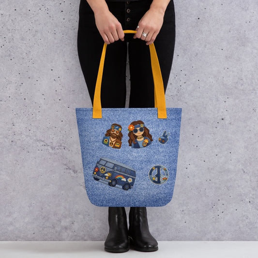 Digital art of a tote bag design featuring denim-textured patches of a hippie couple, a blue bus, and peace symbols.