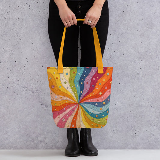 Polyester tote bag featuring a 70s retro rainbow quilt sunburst design with colorful swirling wavy stripes and tiny flowers.