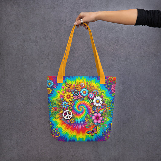 Vibrant psychedelic tie dye polyester tote bag featuring retro floral designs, butterflies, and white peace signs.