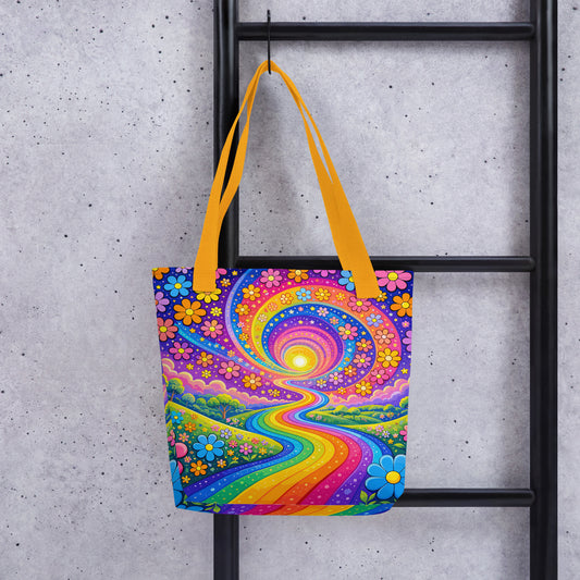 Psychedelic tote bag featuring a vibrant rainbow road winding through green hills with colorful daisy flowers