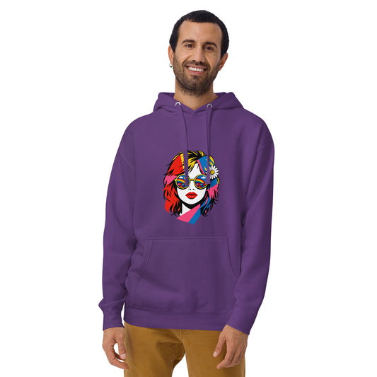 Vibrant pop art woman with rainbow sunglasses and a daisy on a black faroutgoods hoodie for a retro 70s aesthetic.