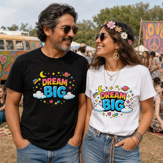 Retro bubble letters saying Dream Big surrounded by colorful stars, planets, and clouds on a black background.