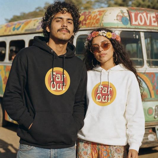 Comfortable unisex hoodie featuring the Far Out Goods retro sunset logo with orange and yellow circular gradients.
