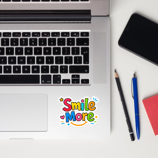 Colorful bubbly text saying "Smile More" with a yellow sun-smile and pink heart on a black background.