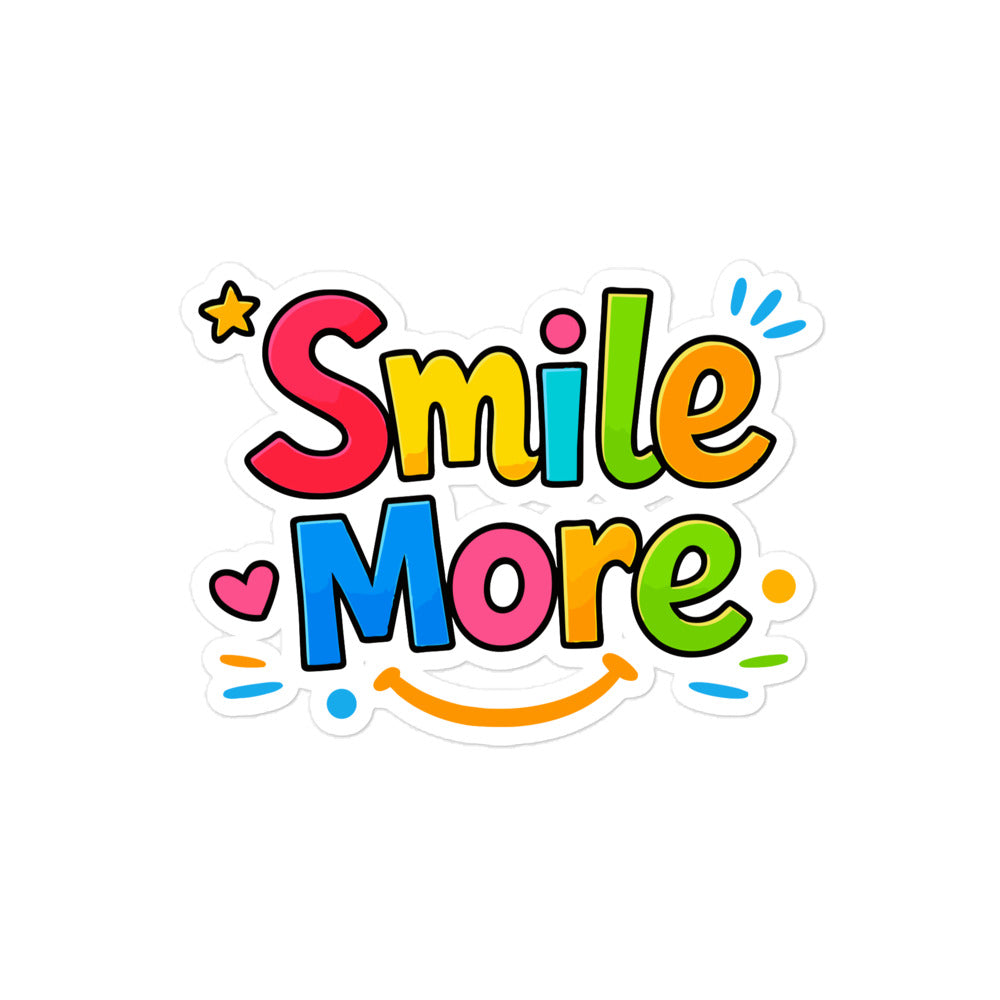 Colorful bubbly text saying "Smile More" with a yellow sun-smile and pink heart on a black background.