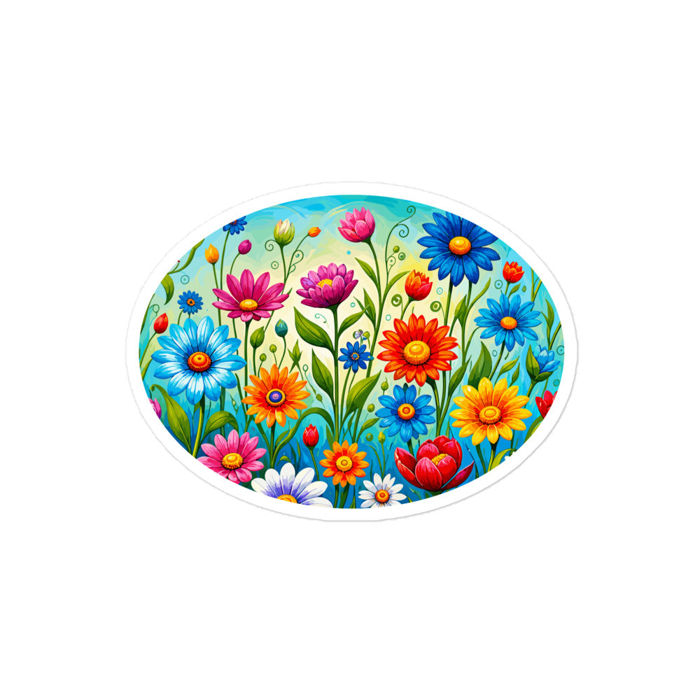 Vibrant retro flower power vinyl sticker featuring a colorful field of psychedelic 1960s style wildflowers and daisies.