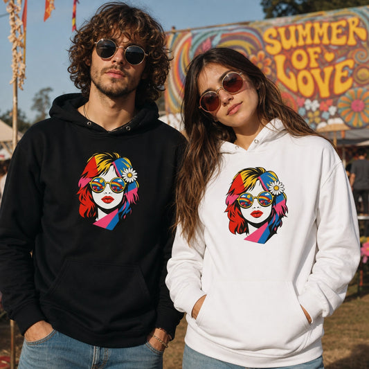 Vibrant pop art woman with rainbow sunglasses and a daisy on a black faroutgoods hoodie for a retro 70s aesthetic.
