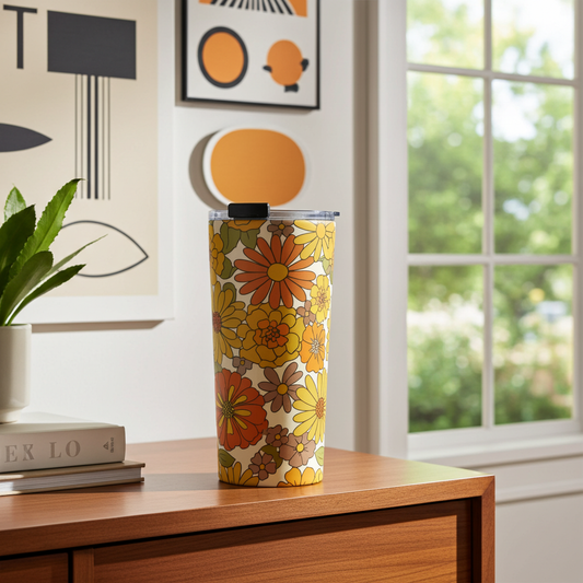 A stainless steel travel tumbler featuring a seamless retro groovy floral pattern with warm orange and yellow daisy blooms.