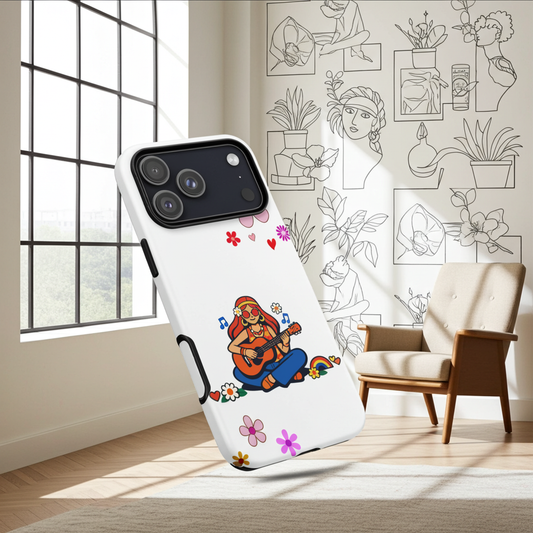 Retro illustration of a hippie girl with sunglasses playing guitar, featured on a protective iPhone case design.