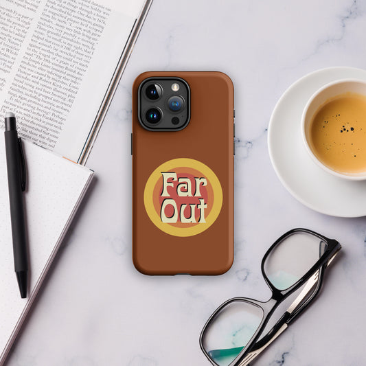 iPhone tough case featuring the Far Out Goods retro sunset logo with vibrant 70s orange and yellow gradients.