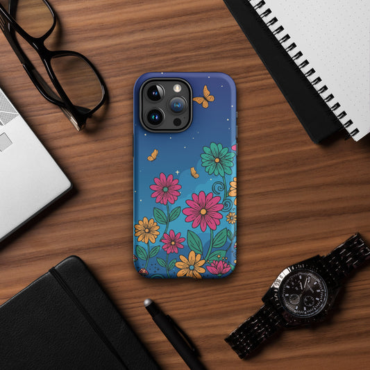 Dual-layer iPhone case with a vintage-style butterfly and colorful wildflower pattern on a high-gloss, impact-resistant protective shell.