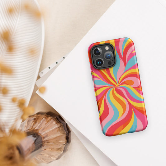 Durable dual-layer iPhone case featuring a groovy 70s abstract lava wave pattern with flowing orange, cream, and brown retro swirls on a glossy finish.