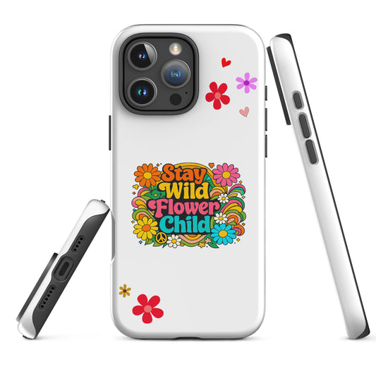 Stay Wild Flower Child retro 70s hippie typography with colorful daisies and psychedelic swirls on an iPhone case.