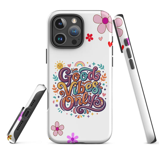 Vibrant iPhone case with 'Good Vibes Only' groovy text, rainbow, sun, and stars in a 70s psychedelic style.