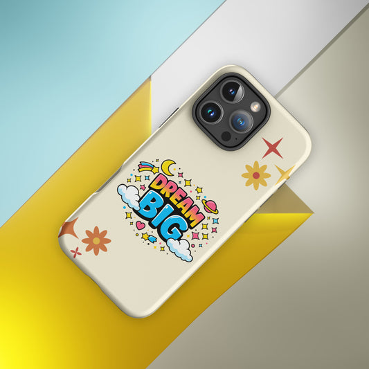 Vibrant Dream Big text with stars and planets in a retro 70s cosmic style on a black iPhone case.