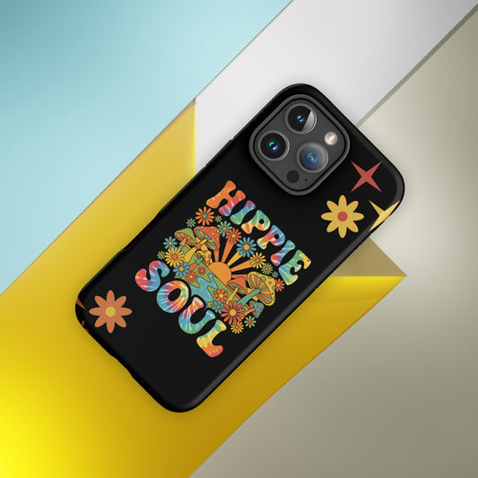 Retro Hippie Soul TPU iPhone case featuring colorful mushrooms, daisies, sunburst, and tie-dye lettering.