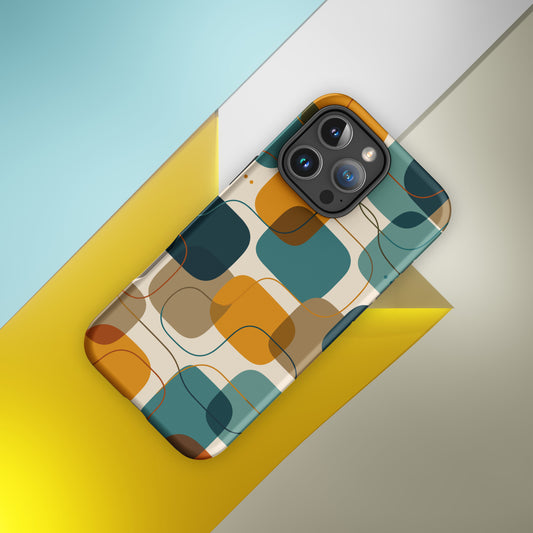 Retro geometric TPU iPhone case featuring mid-century rounded squares and lines in teal, mustard yellow, and orange.