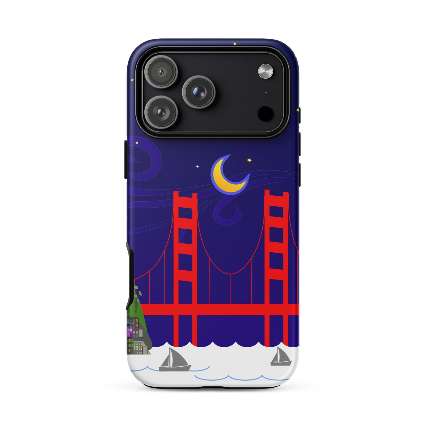 Colorful iPhone case featuring a psychedelic Golden Gate Bridge at night with a crescent moon and swirling stars.