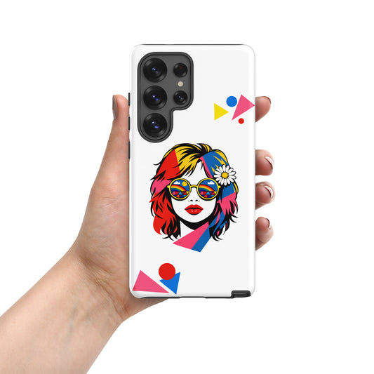 Retro pop art woman with rainbow sunglasses and a daisy hair accessory on a Samsung Galaxy phone case.