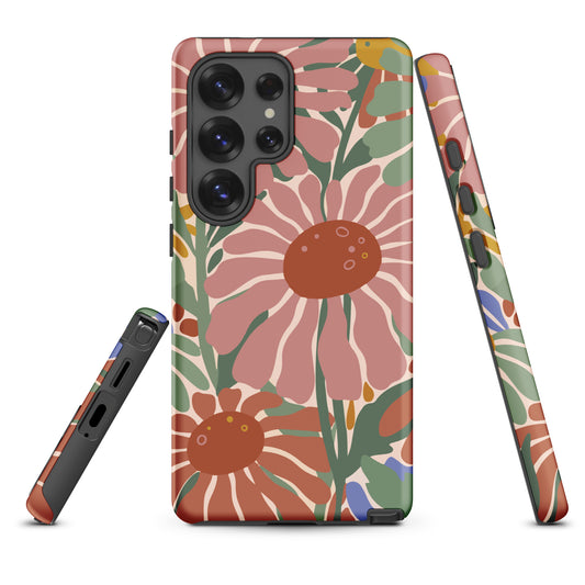 Hand-drawn retro 70s floral pattern Samsung case in pink, blue, and green earth tones by Far Out Goods.