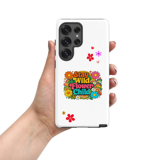 Stay Wild Flower Child retro 70s typography with bright pink and orange daisies on a Samsung Galaxy phone case.