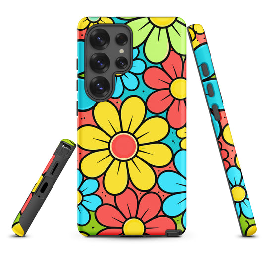 Vibrant 70s style floral pattern with teal, yellow, and lime green flowers on a bright background for Samsung Galaxy.