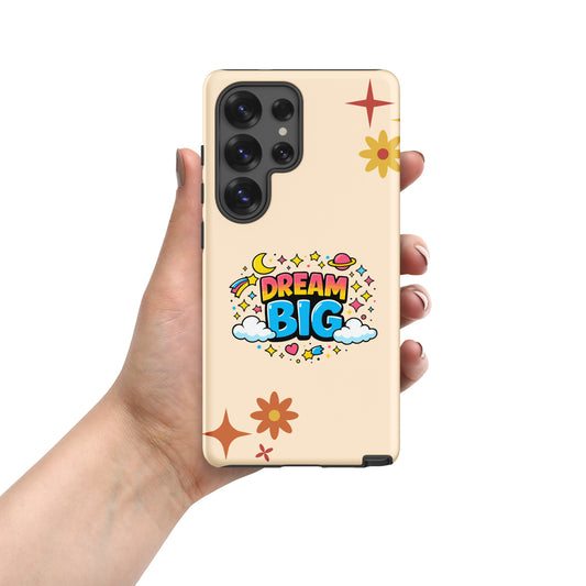 Retro cosmic Dream Big design with stars, planets, and clouds in vibrant colors on a black Samsung Galaxy phone case.