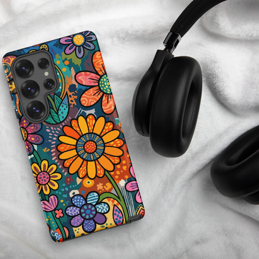 Retro psychedelic TPU Samsung case featuring colorful 60s flower power patterns, vibrant hearts, and boho doodle art.
