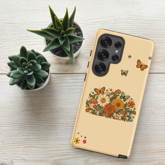 Retro 70s psychedelic design with smiling flowers, butterflies, and mushrooms on a TPU Samsung Galaxy phone case.