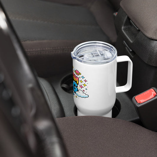 Dream Big" cosmic design with colorful planets, stars, and clouds wrapped around a stainless steel travel tumbler.