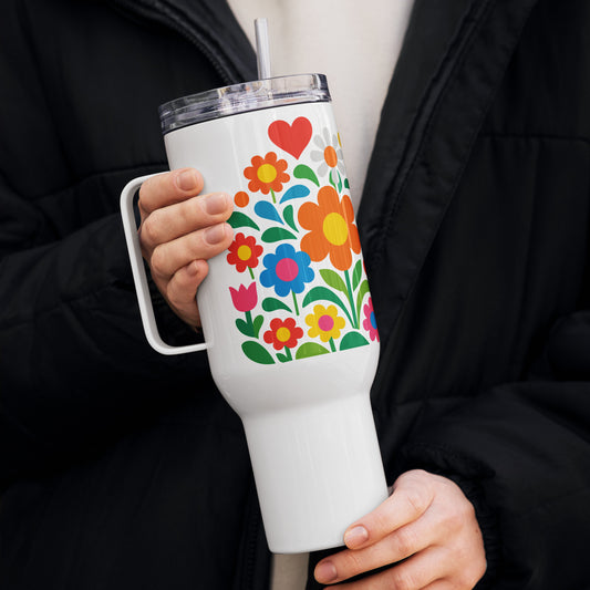 Vibrant 70s style retro flower power design with colorful daisies and hearts on a white stainless steel travel mug. faroutgoods
