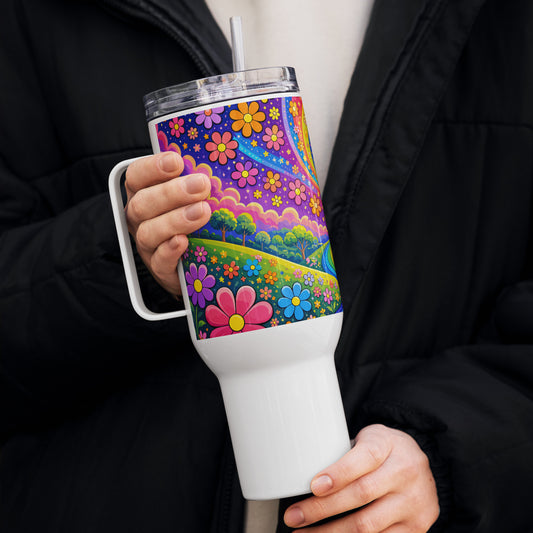 Psychedelic travel tumbler featuring a vibrant rainbow road winding through green hills with colorful daisy flowers