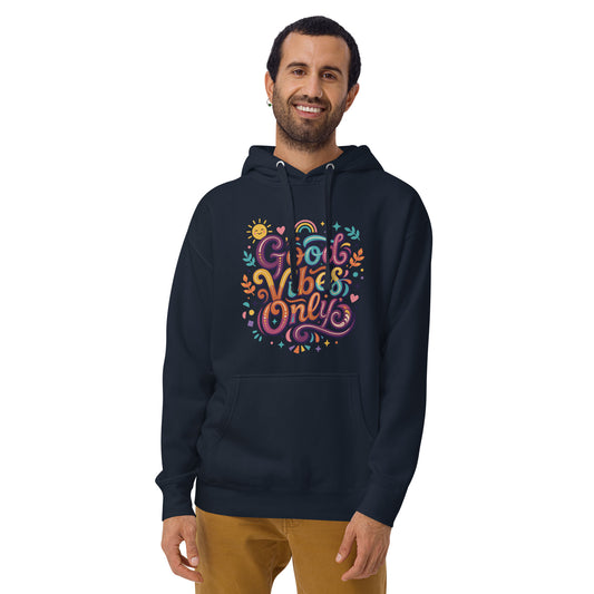 Retro hoodie featuring 'Good Vibes Only' groovy lettering, rainbow, and sun illustrations in a vibrant 70s art style.